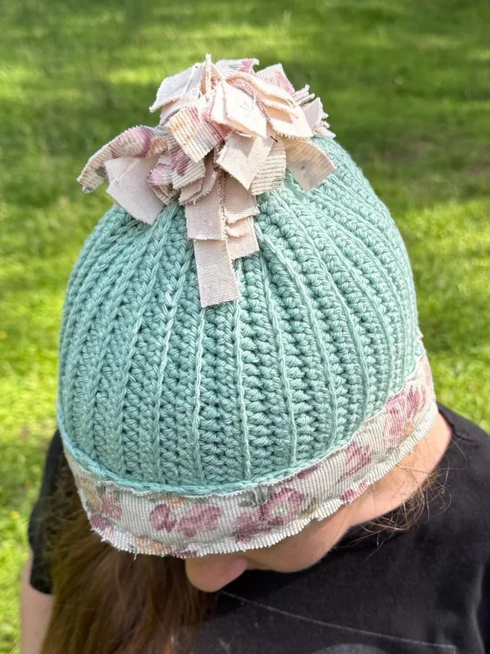 Hand-Crocheted Green Beanie Hat with Upcycled Floral Trim & Scrappy Pom-Pom
